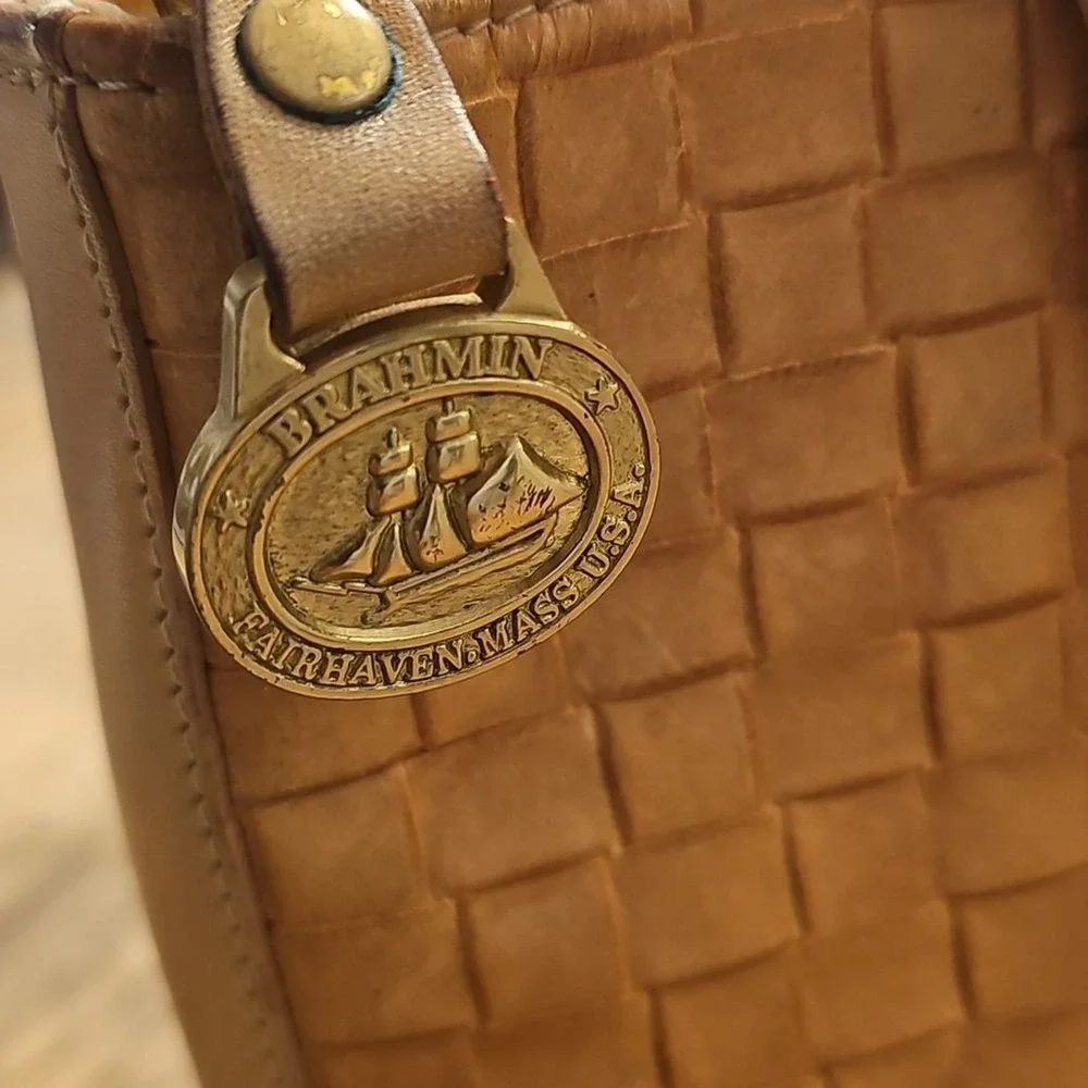 BRAHMIN Woven Leather Tote Tan Satchel Purse Classic‎ American Heritage